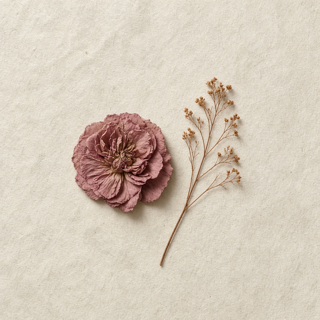 Flor prensada y rama seca sobre papel marfil.