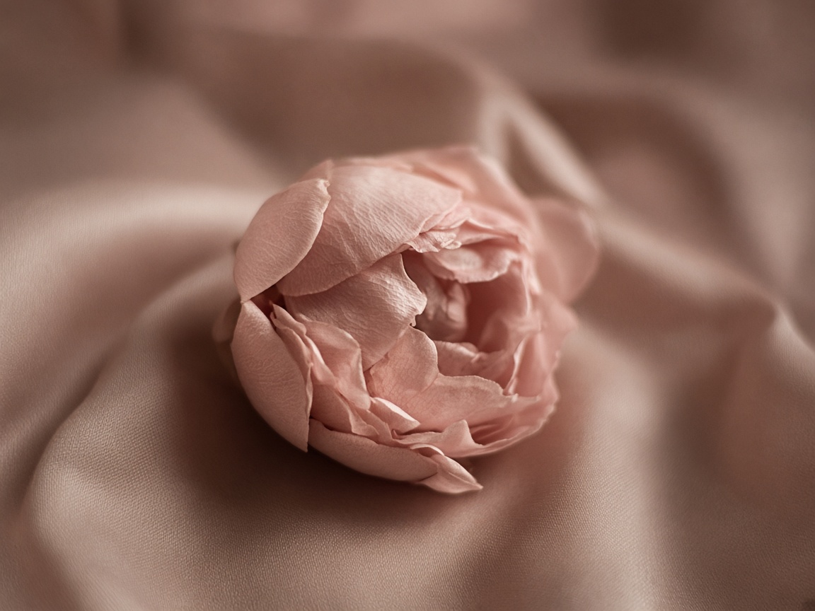 Detalle de una rosa pálida sobre tela nude.