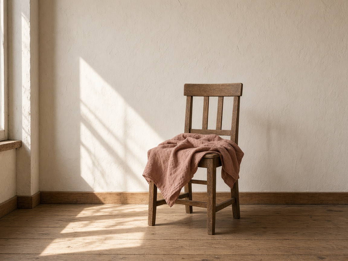 Silla de madera y lino rosa en un estudio iluminado por la tarde.